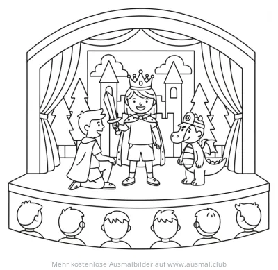 Kinder spielen Theater: König, Untertan und Drache Ausmalbild
