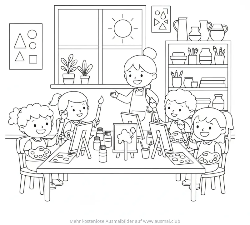 Kunstunterricht mit Lehrerin und Kindern Ausmalbild