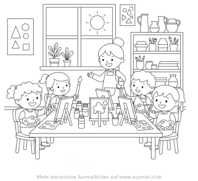 Kunstunterricht mit Lehrerin und Kindern Ausmalbild
