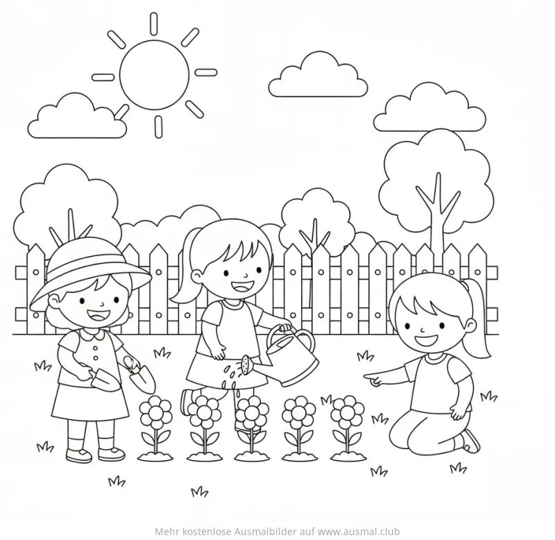 Drei Mädchen bei der Gartenarbeit Ausmalbild