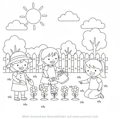 Drei Mädchen bei der Gartenarbeit Ausmalbild