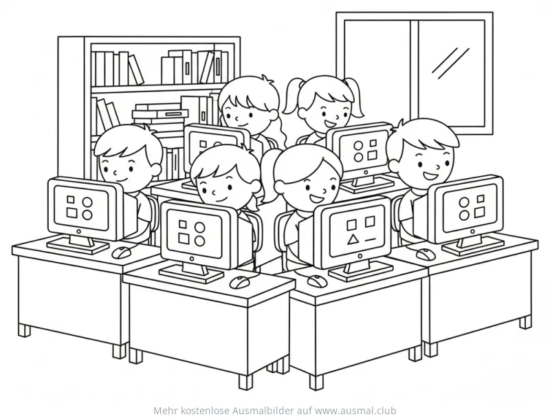 Schüler im Klassenzimmer am Computer Ausmalbild