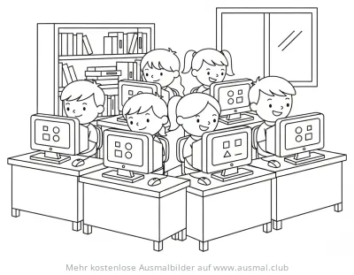 Schüler im Klassenzimmer am Computer Ausmalbild