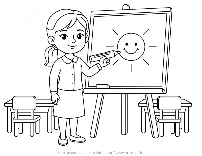 Lehrerin zeichnet Sonne auf Whiteboard Ausmalbild