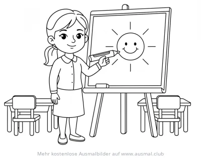 Lehrerin zeichnet Sonne auf Whiteboard Ausmalbild