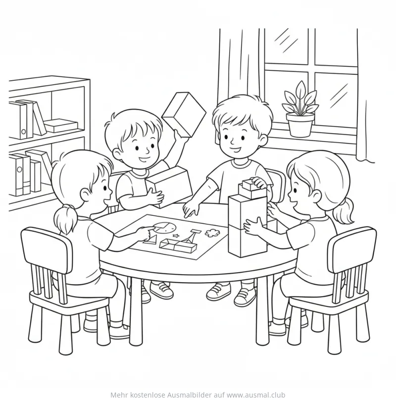 Kinder spielen mit Bauklötzen und Brettspiel Ausmalbild