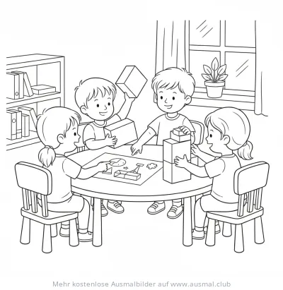 Kinder spielen mit Bauklötzen und Brettspiel Ausmalbild