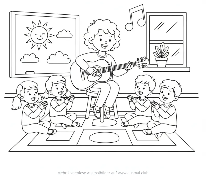 Lehrerin spielt Gitarre vor Kindern im Klassenzimmer Ausmalbild