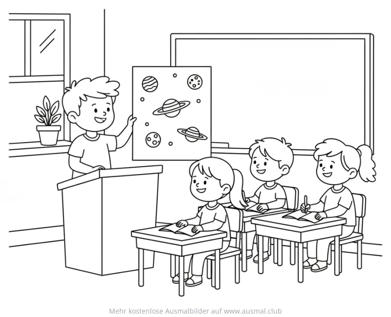 Lehrer präsentiert Planeten vor Schülern Ausmalbild