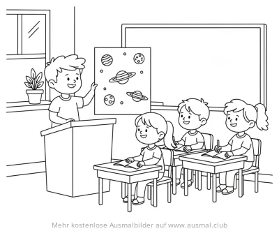Lehrer präsentiert Planeten vor Schülern Ausmalbild