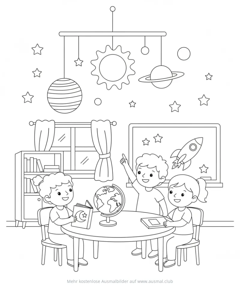 Kinder im Klassenzimmer mit Astronomie-Motiven Ausmalbild