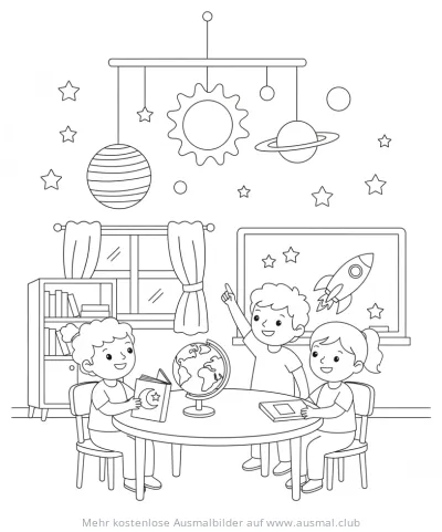 Kinder im Klassenzimmer mit Astronomie-Motiven Ausmalbild