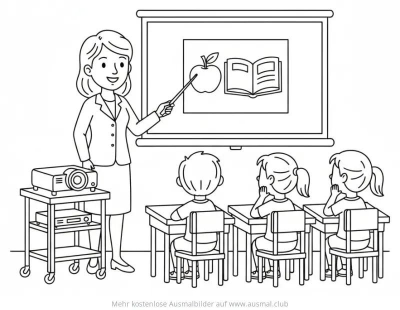 Lehrerin mit Projektor und Schülern im Klassenzimmer Ausmalbild