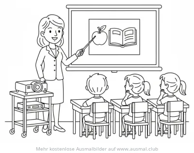 Lehrerin mit Projektor und Schülern im Klassenzimmer Ausmalbild