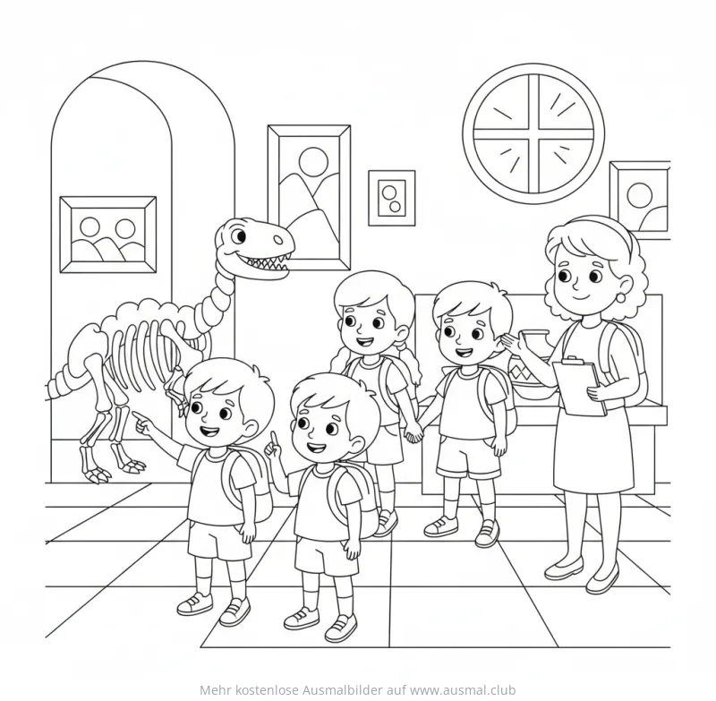 Lehrerin und Kinder vor Dinosaurier Skelett im Museum Ausmalbild