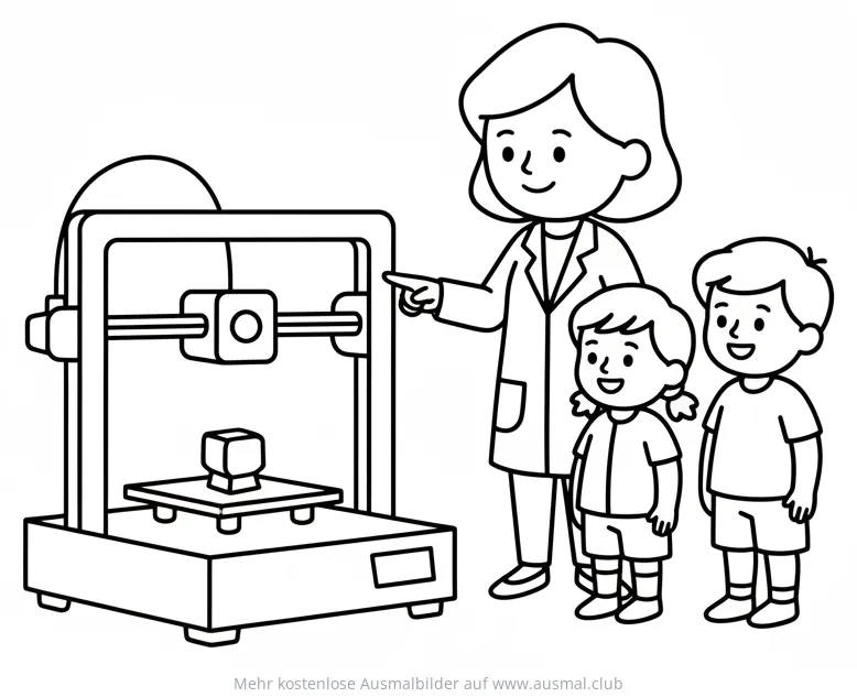 Lehrerin erklärt 3D Drucker vor zwei Kindern Ausmalbild