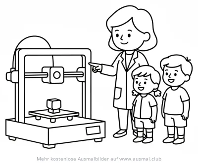 Lehrerin erklärt 3D Drucker vor zwei Kindern Ausmalbild