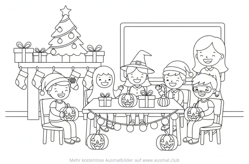 Kinder in Kostümen mit Lehrerin feiern Weihnachten und Halloween Ausmalbild