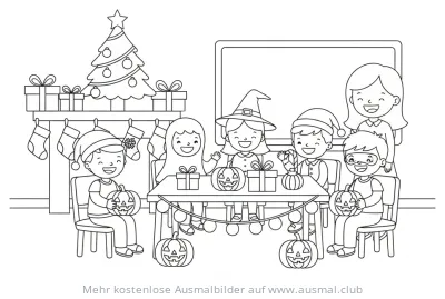 Kinder in Kostümen mit Lehrerin feiern Weihnachten und Halloween Ausmalbild