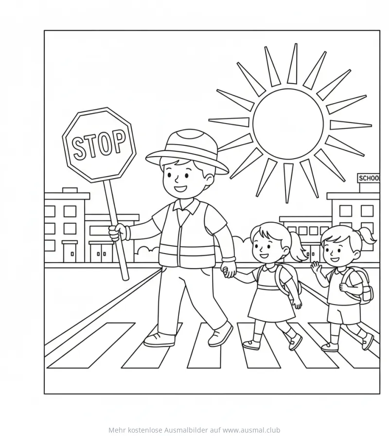 Schulweghelfer mit Kindern am Zebrastreifen Ausmalbild