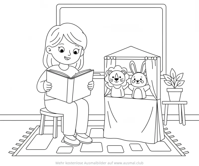Lehrerin mit Buch und Puppentheater Ausmalbild