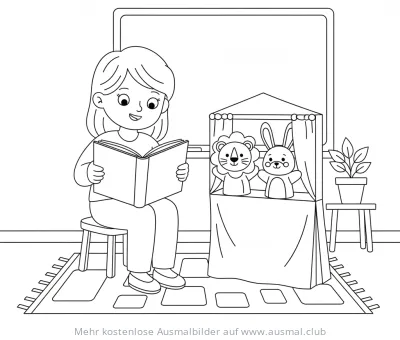 Lehrerin mit Buch und Puppentheater Ausmalbild