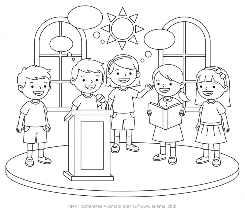 Kinder bei Buchstabierwettbewerb Ausmalbild