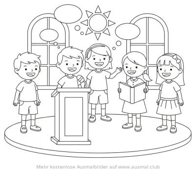 Kinder bei Buchstabierwettbewerb Ausmalbild