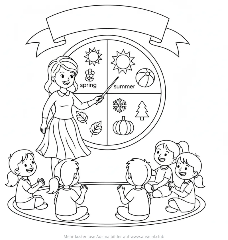 Lehrerin erklärt Jahreszeiten Ausmalbild mit Kindern