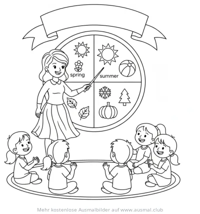 Lehrerin erklärt Jahreszeiten Ausmalbild mit Kindern