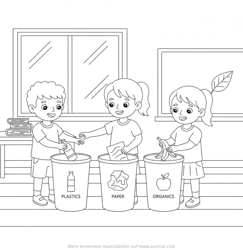 Kinder recyceln Müll Ausmalbild