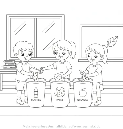 Kinder recyceln Müll Ausmalbild