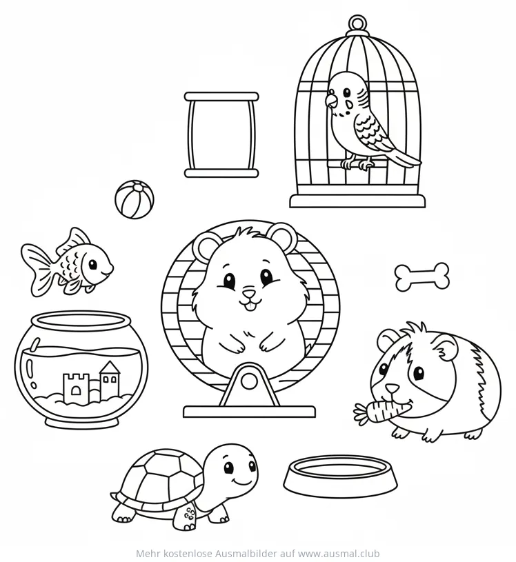 Haustiere Ausmalbild: Goldfisch, Schildkröte, Hamster, Meerschweinchen, Wellensittich