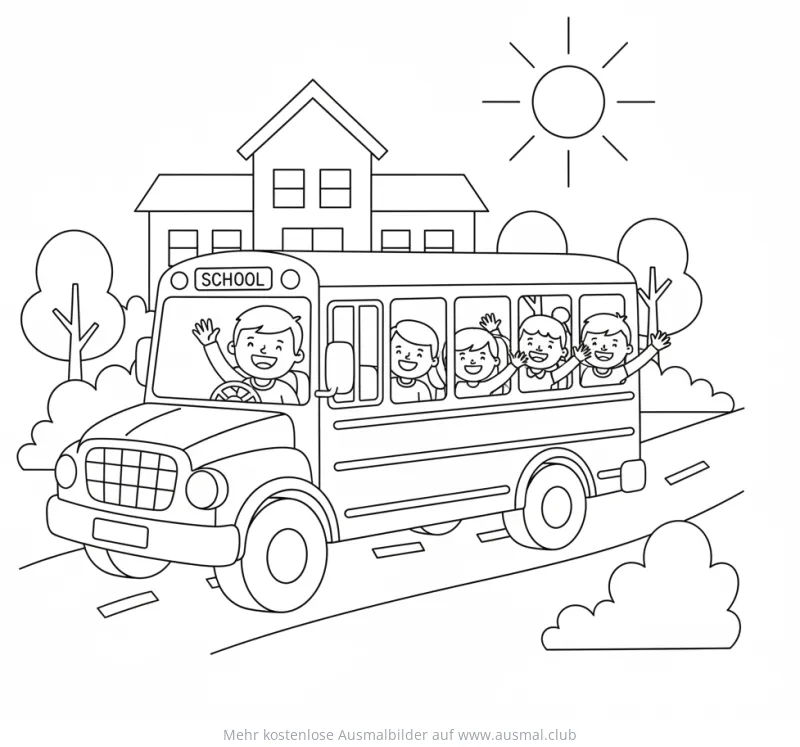 Schulbus mit Kindern Ausmalbild vor Schulgebäude
