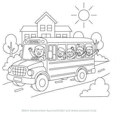 Schulbus mit Kindern Ausmalbild vor Schulgebäude