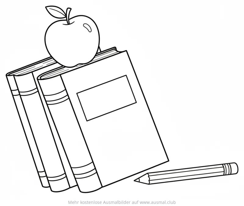 Schulbücher mit Apfel und Bleistift Ausmalbild