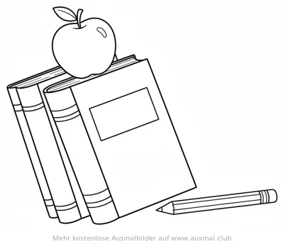 Schulbücher mit Apfel und Bleistift Ausmalbild