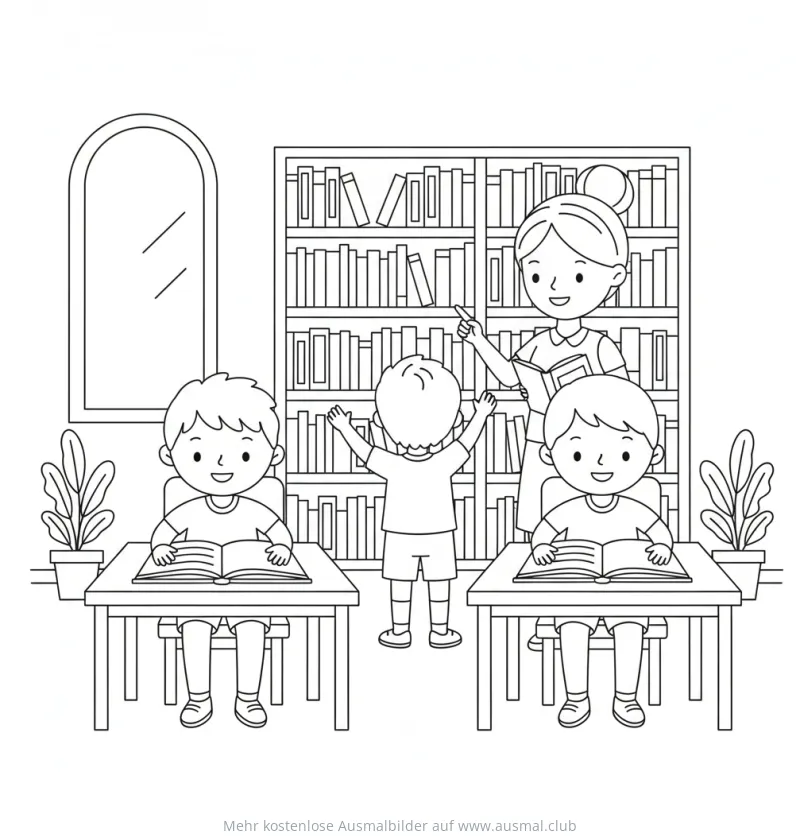 Lehrerin mit Schülern in Bibliothek Ausmalbild