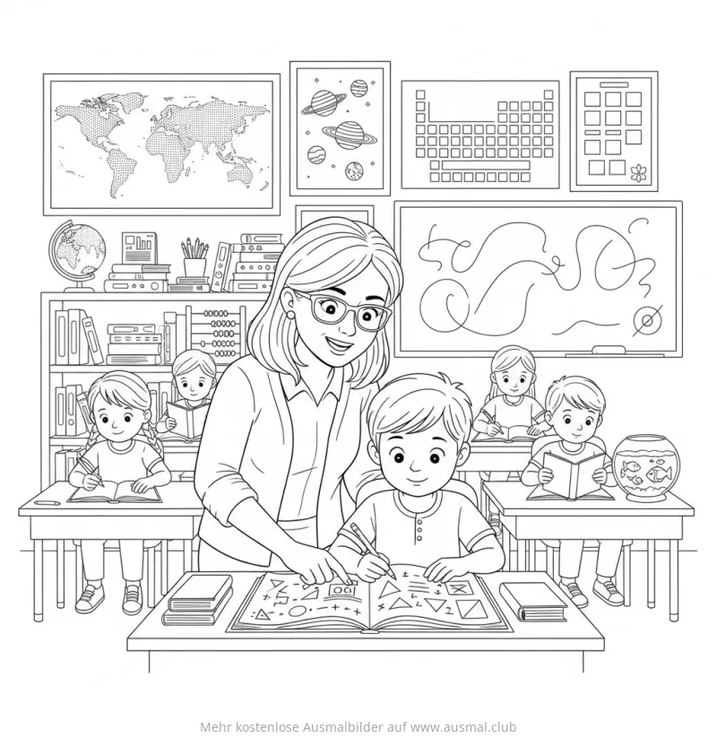 Lehrerin hilft Schüler bei Geometrie Ausmalbild