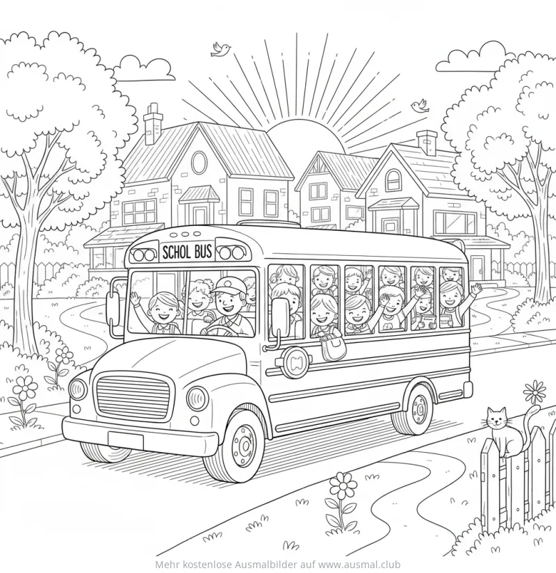 Schulbus mit Kindern Ausmalbild