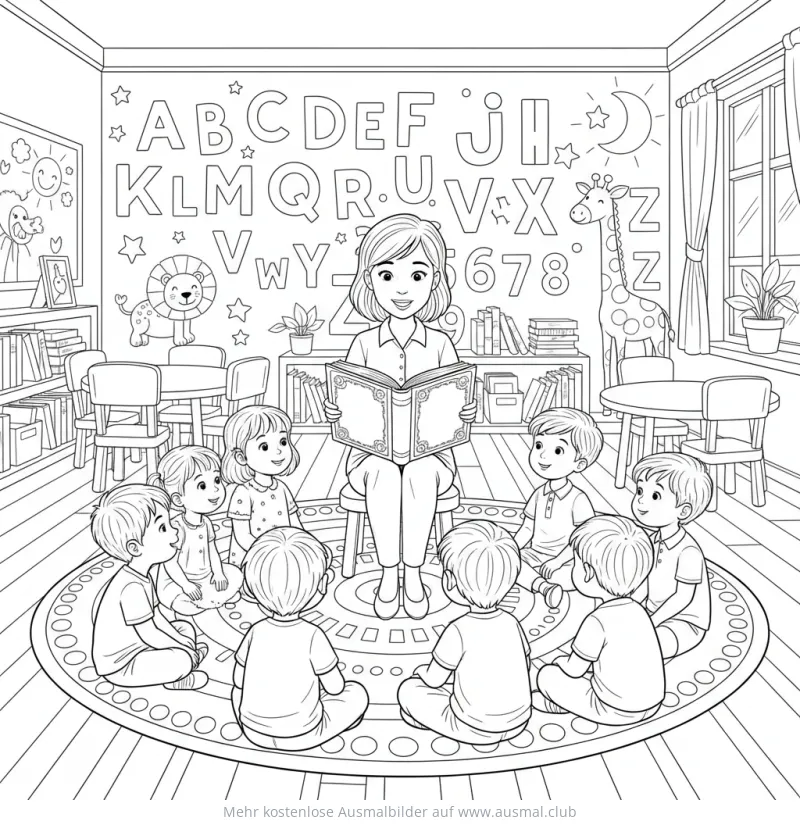 Lehrerin liest Kindern im Klassenzimmer vor Ausmalbild