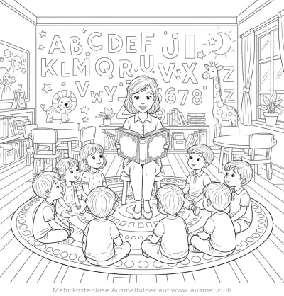 Lehrerin liest Kindern im Klassenzimmer vor Ausmalbild