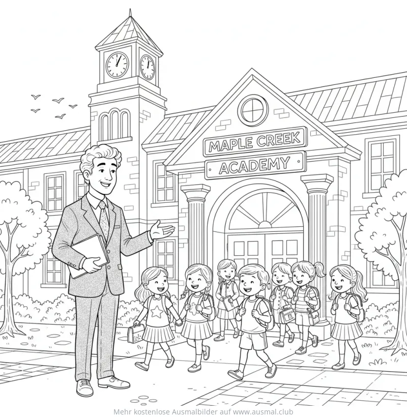 Schuldirektor begrüßt Schulkinder vor der Schule Ausmalbild