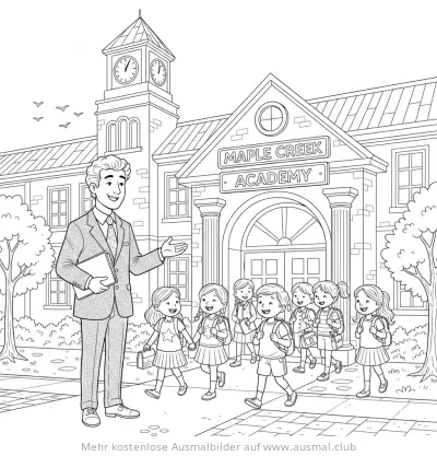 Schuldirektor begrüßt Schulkinder vor der Schule Ausmalbild