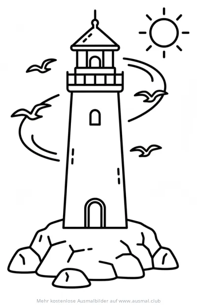 Leuchtturm auf Felseninsel Ausmalbild mit Möwen