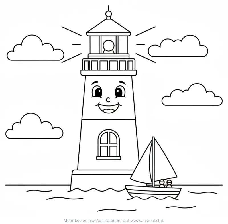 Freundlicher Leuchtturm mit Boot Ausmalbild