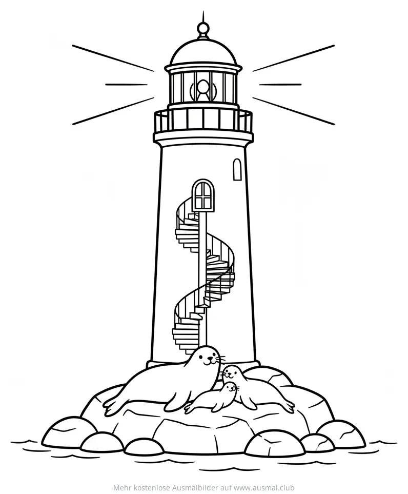 Leuchtturm mit spiralförmiger Treppe und Seehundfamilie Ausmalbild
