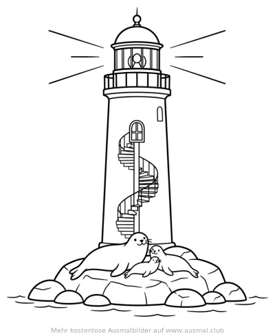 Leuchtturm mit spiralförmiger Treppe und Seehundfamilie Ausmalbild