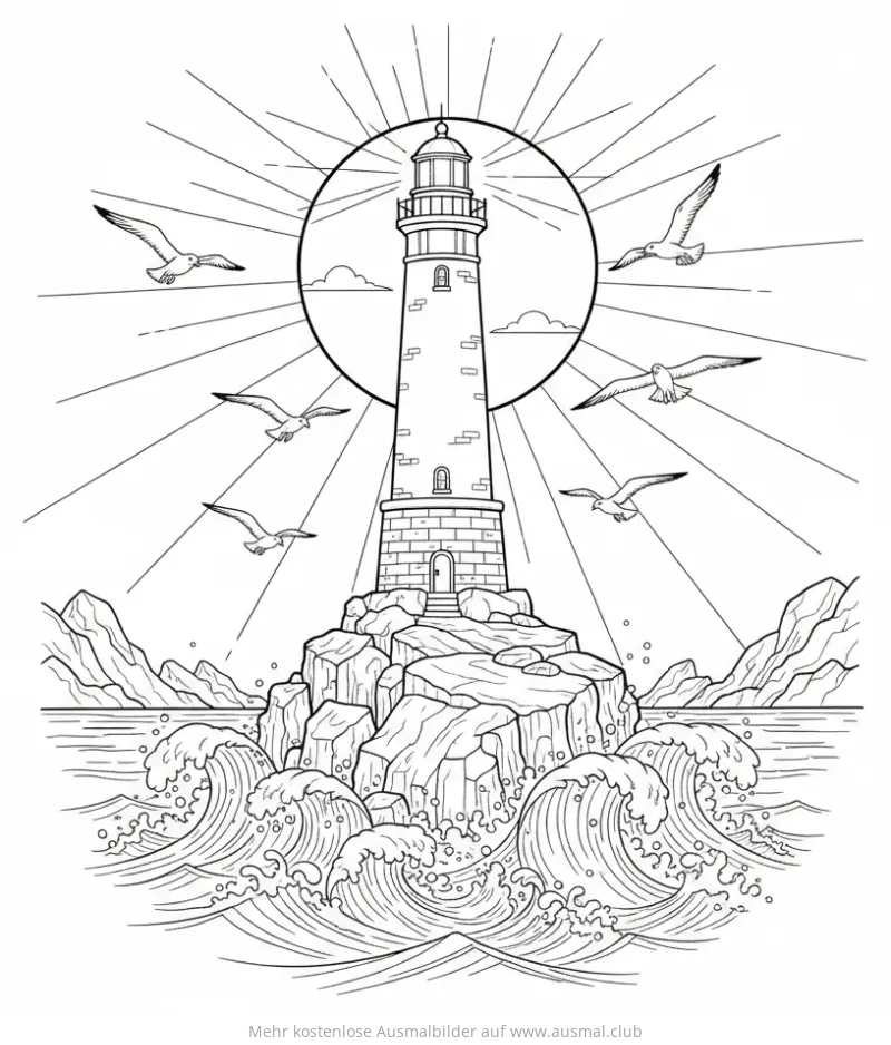 Leuchtturm auf Insel mit Möwen Ausmalbild