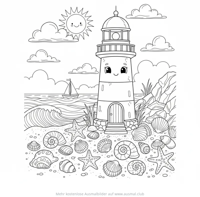 Freundlicher Leuchtturm mit Gesicht auf einer Küstenlandschaft Ausmalbild
